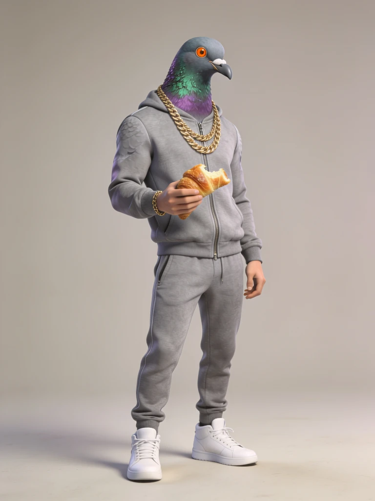 AI character portrait: a pigeon in a grey tracksuit. Not a real person.