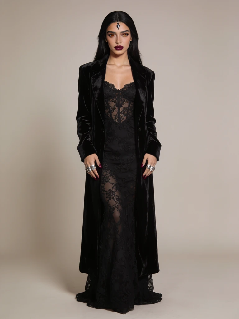 AI character: gothic black lace gown. Not a real person.