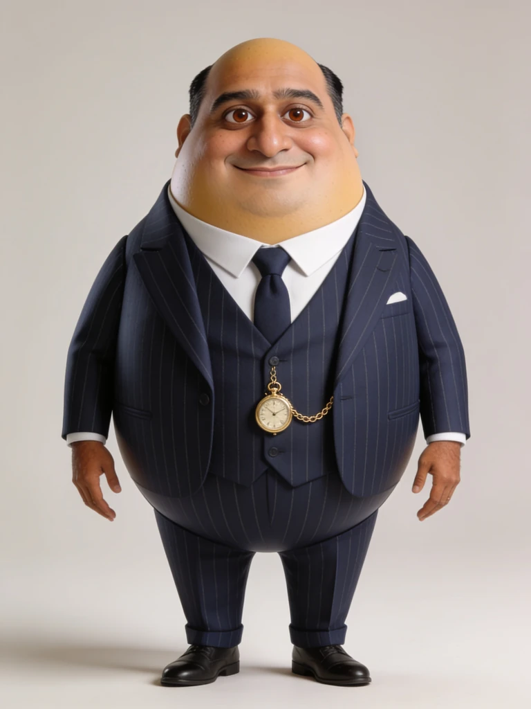 AI character: round character in a pinstripe suit. Not a real person.